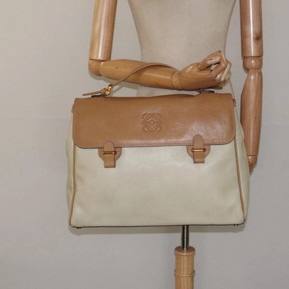 LOEWE Anagram Business Bag Leather 2way Beige Gold Auth 121886 - Picture 3 of 16